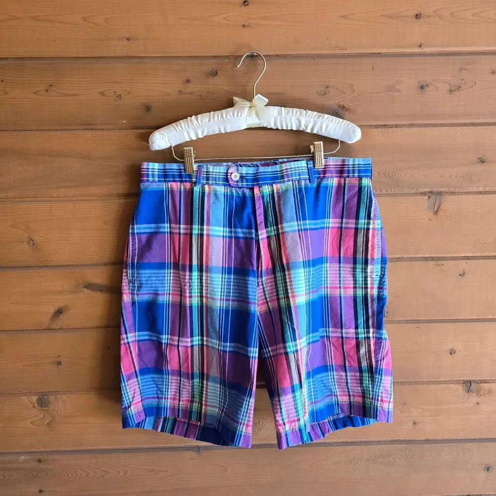 Peter Millar Short Madras Multicolor Plaid Red Blue Bermuda 36 Golf Easter Prep - Picture 1 of 4